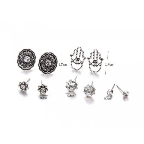 ZESTAW 5 PAR KOLCZYKÓW BOHO KRYSZTAŁKI HAMSA SREBRNE K893