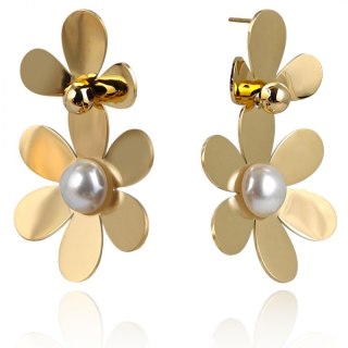 Kolczyki ze stali szlachetnej platerowane 14k złotem KWIATY perły KST3381