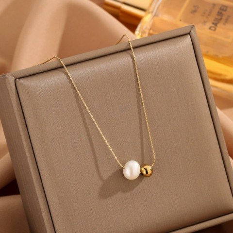 Naszyjnik stal szlachetna pozłacana 14k złotem, elegancki, KULKA, PERŁA NST2153