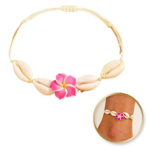 Bransoletka 2w1 na stopę i rękę, na sznurku, MUSZELKI i KWIAT HAWAJSKI B542F