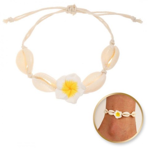 Bransoletka 2w1 na stopę i rękę, na sznurku, MUSZELKI i KWIAT HAWAJSKI B542ZO