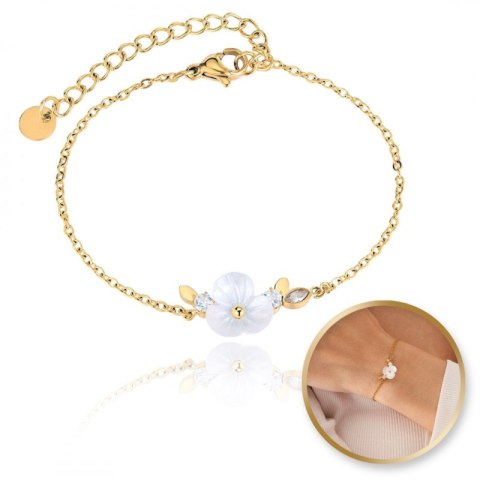 Bransoletka na rękę stal chirurgiczna pozłacana 14k złotem, biały kwiat, cyrkonia BST1516