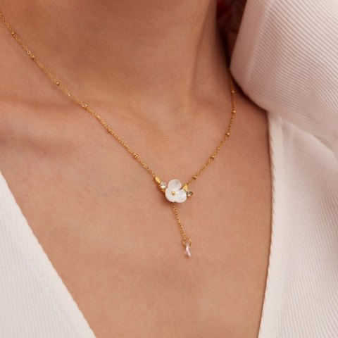 Naszyjnik stal szlachetna pozłacana 14k złotem, biały KWIAT, cyrkonie NST2146