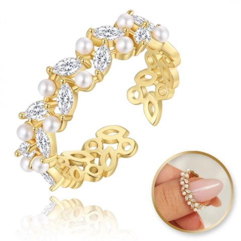 Pierścionek stal chirurgiczna platerowana złotem, z cyrkoniami i perłami PST934