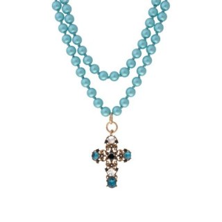 Naszyjnik- korale kolor turkusowy z krzyżem 24