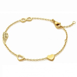 Bransoletka na rękę stal chirurgiczna pozłacana 14k złotem Celebrytka, skrzydełko, serca BST1554