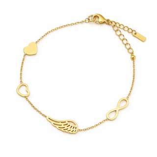 Bransoletka na rękę stal chirurgiczna pozłacana 14k złotem Celebrytka, skrzydełko, serca BST1554