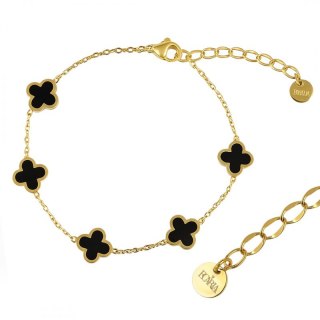 Bransoletka na rękę stal chirurgiczna pozłacana 14k złotem czarna, koniczynki BST1570