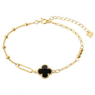 Bransoletka na rękę stal chirurgiczna pozłacana 14k złotem, koniczynka czarna BST1599