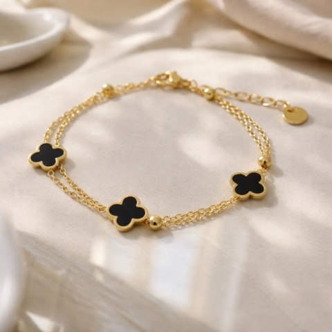 Bransoletka na rękę stal chirurgiczna pozłacana 14k złotem podwójna, koniczynki BST1571