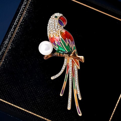Broszka ozdobna - papuga z cyrkoniami i perłą BZ221
