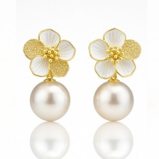 Kolczyki ze stali szlachetnej pozłacane 14k złotem, wiszące Perły z Kwiatem KST3513