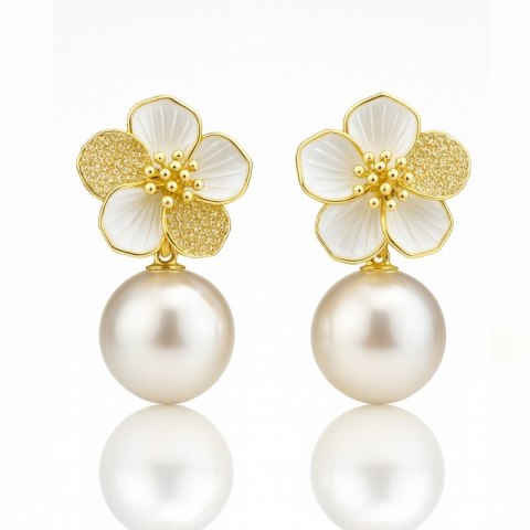 Kolczyki ze stali szlachetnej pozłacane 14k złotem, wiszące Perły z Kwiatem KST3513